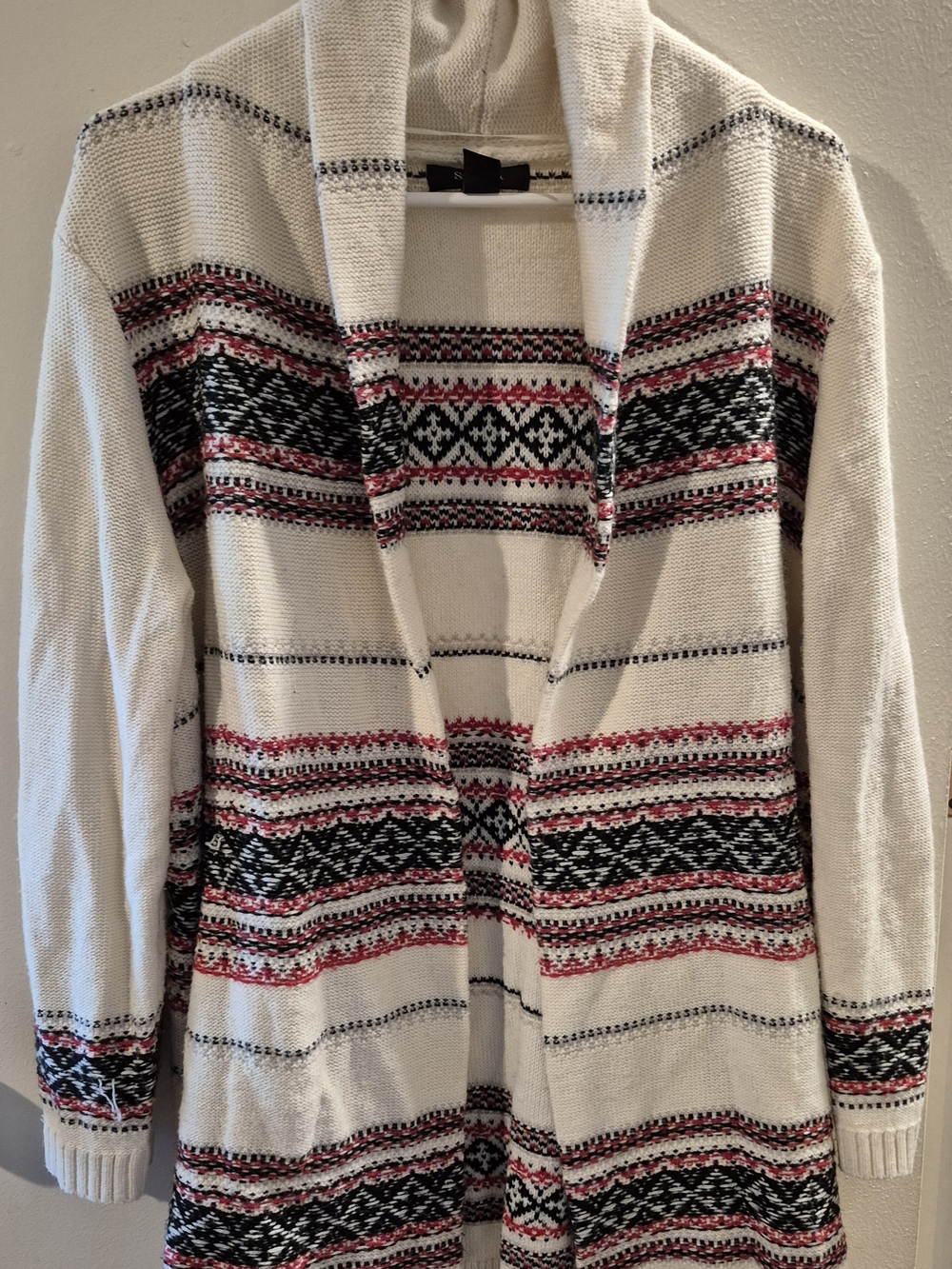 Cream Open-Front Hooded Cardigan Sweater with Black & Red Fair Isle Pattern